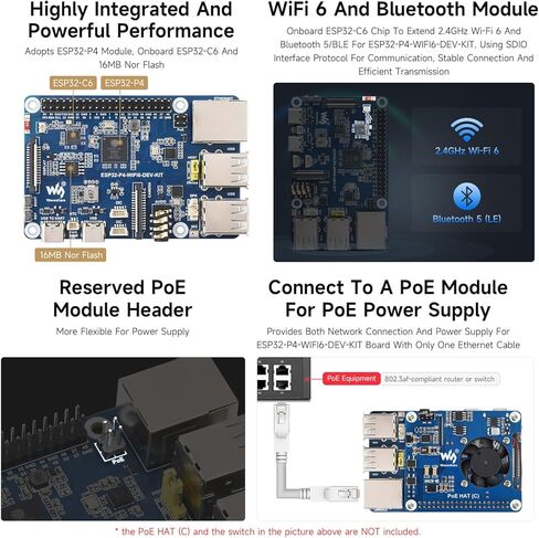 Waveshare ESP32-P4-WIFI6-DEV-KIT لوحة تطوير عالية الأداء، تعتمد على ESP32-P4 وESP32-C6، تدعم Wi-Fi 6، Bluetooth 5 وBLE 5، حزمة مع لوحة ومكبر صوت in Kuwait