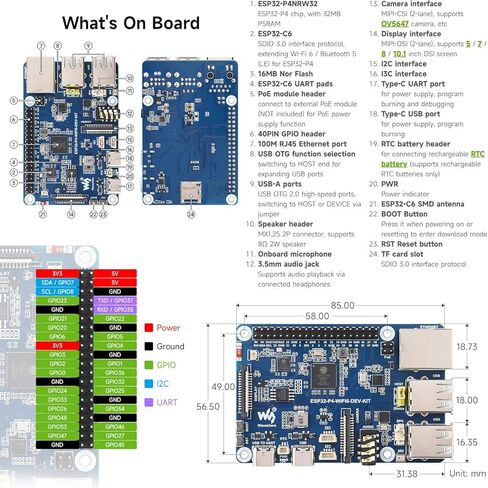 Waveshare ESP32-P4-WIFI6-DEV-KIT لوحة تطوير عالية الأداء، تعتمد على ESP32-P4 وESP32-C6، تدعم Wi-Fi 6، Bluetooth 5 وBLE 5، حزمة مع لوحة ومكبر صوت in Kuwait