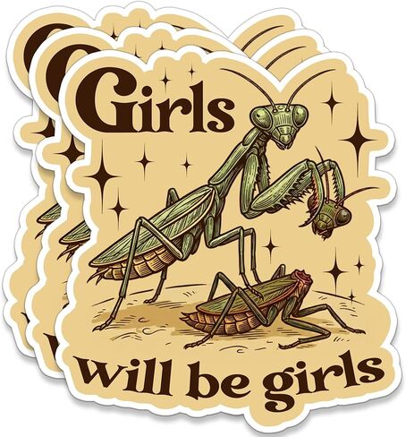 3 Pack Girls Will Be Girls Stickers 2" - Funny Praying Mantis Eating Male Waterproof Vinyl Decal - Vintage Retro Insect Biology Entomology Gift for Her Laptop Water Bottle - Dark Humor Feminist Meme in Kuwait