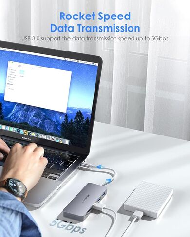 موزع USB-C مع 3 منافذ USB 3.0 وقارئ بطاقة SD/TF، ​​محول متعدد المنافذ لأجهزة الكمبيوتر المحمول، نقل بيانات عالي السرعة، التوصيل والتشغيل، رمادي داكن in Kuwait