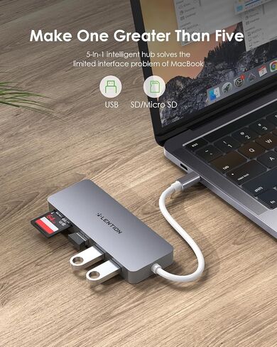 موزع USB-C مع 3 منافذ USB 3.0 وقارئ بطاقة SD/TF، ​​محول متعدد المنافذ لأجهزة الكمبيوتر المحمول، نقل بيانات عالي السرعة، التوصيل والتشغيل، رمادي داكن in Kuwait