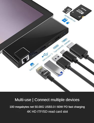 Docking Station Compatible with Surface Pro 7, 7-in-1 hub, Equipped with HDMI 4K, USB 3.0 * 2, USB-C 60W PD Charging Capability, Card Reader, and 100M Ethernet Port. in Kuwait
