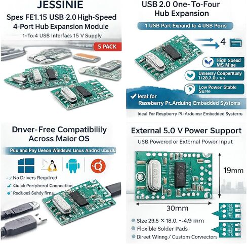 5pcs FE1.1S USB 2.0 High‑Speed 4‑Port Hub Expansion Module, 1‑to‑4 USB Interface, 5 V Supply in Kuwait
