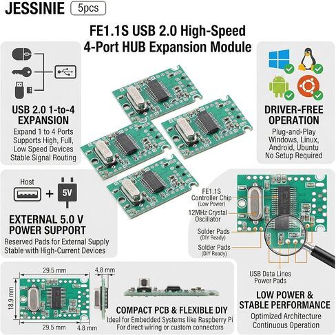 5pcs FE1.1S USB 2.0 High‑Speed 4‑Port Hub Expansion Module, 1‑to‑4 USB Interface, 5 V Supply in Kuwait