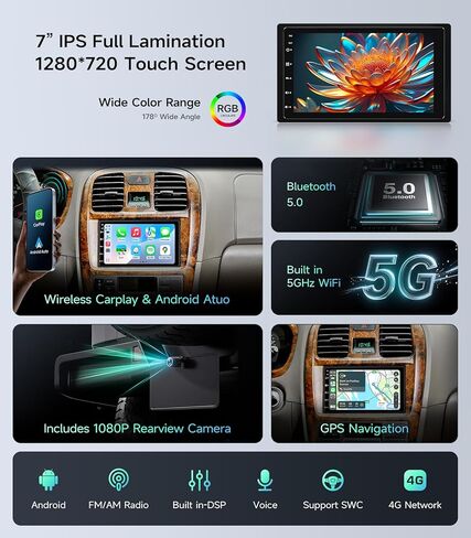 ستيريو سيارة مزدوج الدين مقاس 7 بوصات | 6+64 جيجا | CarPlay لاسلكي وAndroid Auto | التحكم في عجلة القيادة | بلوتوث/USB/AM/FM | شاشة لمس عالية الدقة مع كاميرا احتياطية in Kuwait