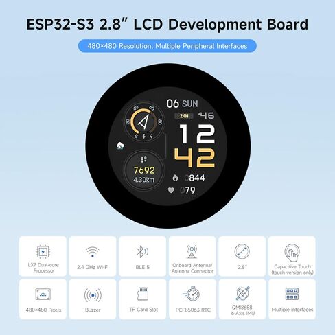 Waveshare ESP32-S3 2.8inch Round Display Development Board, 480×480, 32-bit LX7 Dual-core Processor, Without Touch Function in Kuwait