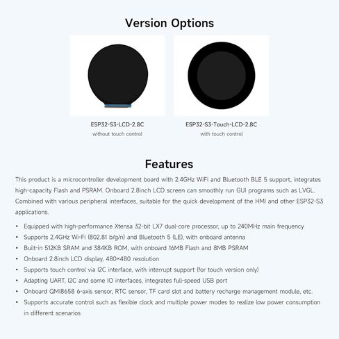 Waveshare ESP32-S3 2.8inch Round Display Development Board, 480×480, 32-bit LX7 Dual-core Processor, Without Touch Function in Kuwait