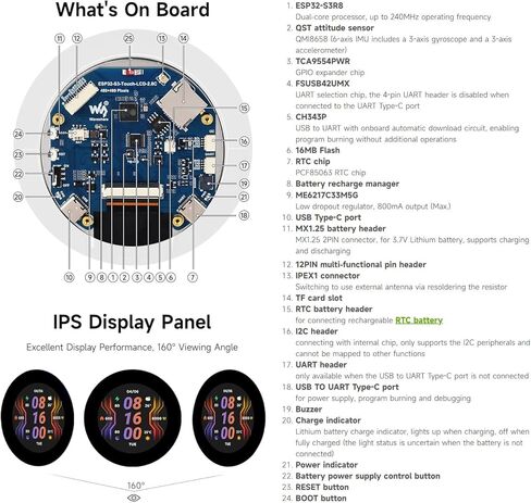 Waveshare ESP32-S3 2.8inch Round Display Development Board, 480×480, 32-bit LX7 Dual-core Processor, Without Touch Function in Kuwait