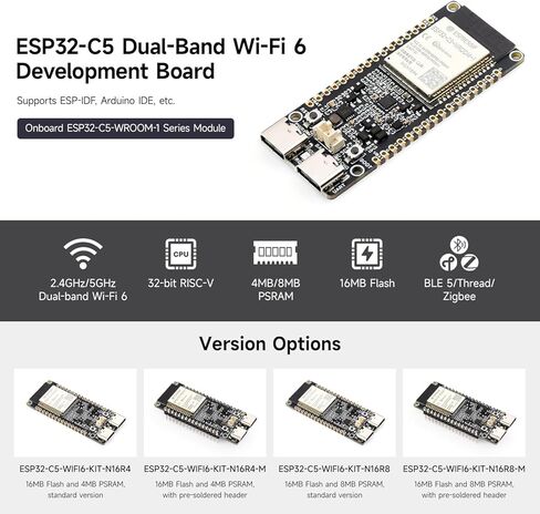 KLAYERS ESP32-C5-Dual-Band Wi-Fi 6 IoT Gateway Dev Board مع معالج RISC-V، BLE 5، وحدة المعالجة المركزية 240 ميجا هرتز، ذاكرة الوصول العشوائي الثابتة 384 كيلو بايت، فلاش 16 ميجابايت، 8 ميجابايت PS-RAM ودعم متعدد البروتوكولات للمنازل الذكية، بدون رأس in Kuwait