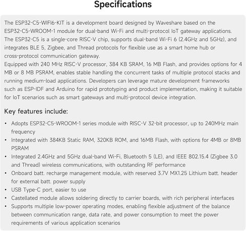 KLAYERS ESP32-C5-Dual-Band Wi-Fi 6 IoT Gateway Dev Board مع معالج RISC-V، BLE 5، وحدة المعالجة المركزية 240 ميجا هرتز، ذاكرة الوصول العشوائي الثابتة 384 كيلو بايت، فلاش 16 ميجابايت، 8 ميجابايت PS-RAM ودعم متعدد البروتوكولات للمنازل الذكية، بدون رأس in Kuwait