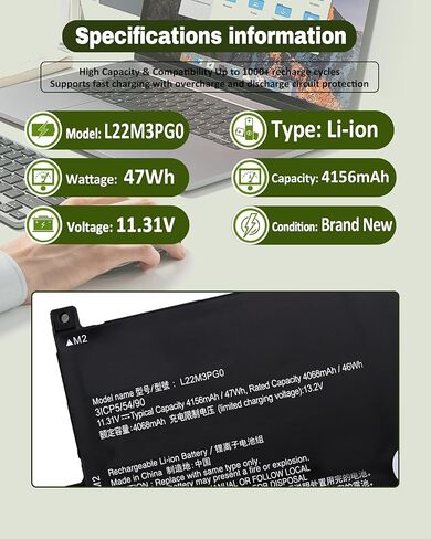 47Wh L22M3PG0 L22B3PG0 L22C3PG0 L22D3PG0 L22X3PG0 استبدال البطارية لجهاز Lenovo 100e 300e 500e Yoga Chromebook Gen 4، IdeaPad Flex 3 Chrome 12IAN8، IdeaPad Slim 3 Chrome 14M868 Series -11.31V 4156mAh in Kuwait