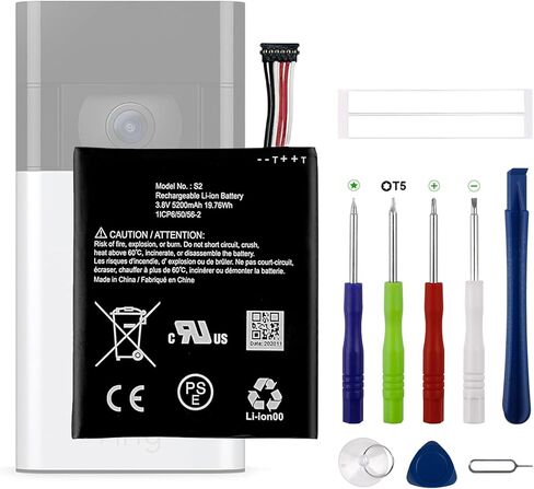 New Rechargeable Battery S2 Compatible with Ring Video Doorbell 2nd Generation, 5UM5E5, (6 Cable Plug Version Only) with Upgrade Tool in Kuwait