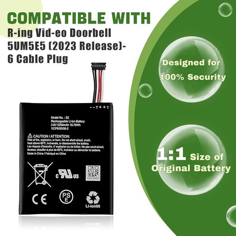 New Rechargeable Battery S2 Compatible with Ring Video Doorbell 2nd Generation, 5UM5E5, (6 Cable Plug Version Only) with Upgrade Tool in Kuwait