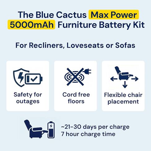 Blue Cactus Universal 5000mAh Recliner Battery and Adapter Cables Bundle - Universal 2 and 5-pin Compatibility - Long Lasting Battery for Recliners, Loveseats, Sofas and Sectionals in Kuwait