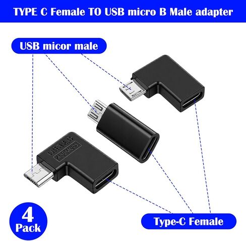 محول USB C إلى Micro USB، 4 حزم USB-C نوع C أنثى إلى Micro USB (ذكر) تحويل موصل يدعم مزامنة بيانات الشحن المتوافقة مع أجهزة MicroUSB، أسود in Kuwait