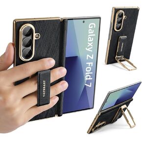 Grip for Samsung Galaxy Z Fold 7 Leather Case with Hand Strap,360° Rotatable Metal Kickstand Phone Cases,Hinge Protection Anti-Scratch Shockproof Wristband Cover for Samsung Z Fold 7,Blue in Saudi Arabia