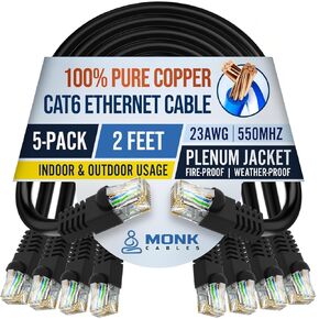 | CAT6 Ethernet Cable | 100% Pure Copper | Pack of 5 | Plenum Rated | UTP, 23AWG, 550MHz | DSX-8000 Certified | Most Certified Cable of The Whole Market (Black, 2ft) in Saudi Arabia