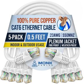| CAT6 Ethernet Cable | 100% Pure Copper | Pack of 5 | Plenum Rated | UTP, 23AWG, 550MHz | DSX-8000 Certified | Most Certified Cable of The Whole Market (White, 0.5ft) in Saudi Arabia