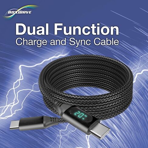 كابل BoxWave متوافق مع مسجل الفيديو الرقمي Camp Snap CS-8 - كابل PowerDisplay PD (6 أقدام) - USB-C إلى USB-C (100 واط)، معلومات القوة الكهربائية LED من النايلون المضفر طويل للغاية - أسود غامق in Kuwait