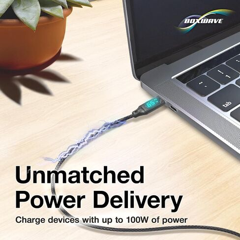 كابل BoxWave متوافق مع مسجل الفيديو الرقمي Camp Snap CS-8 - كابل PowerDisplay PD (6 أقدام) - USB-C إلى USB-C (100 واط)، معلومات القوة الكهربائية LED من النايلون المضفر طويل للغاية - أسود غامق in Kuwait