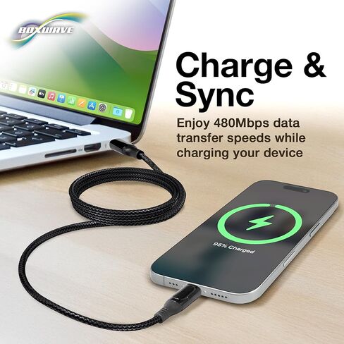 كابل BoxWave متوافق مع مسجل الفيديو الرقمي Camp Snap CS-8 - كابل PowerDisplay PD (6 أقدام) - USB-C إلى USB-C (100 واط)، معلومات القوة الكهربائية LED من النايلون المضفر طويل للغاية - أسود غامق in Kuwait