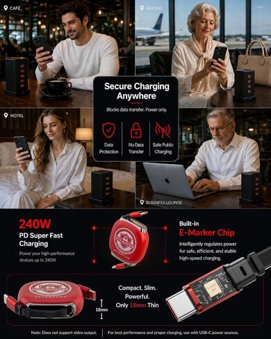 كابل حجب البيانات USB-C قابل للسحب - مقبس مضاد للعصير، شحن فقط للشحن السريع الآمن بقدرة 240 وات PD، طول 5 مراحل (3.3 قدم) لأجهزة MacBook وiPhone 15/16/17 وiPad والمزيد in Kuwait