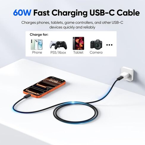 كابل بيانات USB C بطول 3 أقدام، سلك USB C 3.2 الجيل الثاني مع نقل بيانات بسرعة 10 جيجابت في الثانية وشحن سريع 60 وات، كابل USBC إلى النوع C Android Auto لأجهزة iPhone 17/16/15 Galaxy S25/24 Protable SSD iPad Air/Pro إلى الكمبيوتر المحمول in Kuwait