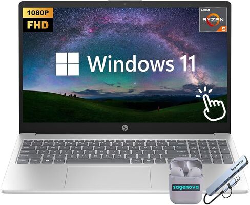 كمبيوتر محمول HP، كمبيوتر محمول للأعمال بشاشة لمس FHD مقاس 15.6 بوصة، Microsoft Office 365، ذاكرة الوصول العشوائي 8 جيجابايت، تخزين 1 تيرابايت (512 جيجابايت SSD + 512 جيجابايت قاعدة توصيل)، AMD Ryzen 5 7520U، Windows 11، HDMI، سماعات SageNova، فضي in Kuwait