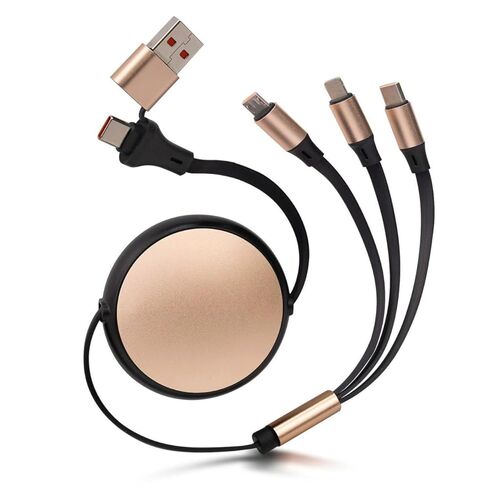 كابل شحن سريع متعدد بقوة 120 واط، كابل شاحن قابل للسحب 6 في 1 - USB C، منفذ USB صغير ومنفذ L، قابل للتعديل من 10.2 إلى 44.1 بوصة، سلك شحن سريع عالي السرعة 5 أمبير (أبنوسي ذهبي) in Kuwait