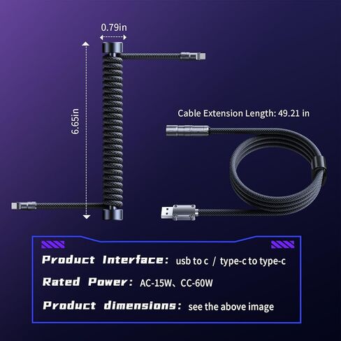 كابل لوحة مفاتيح ملفوف، USB C إلى A مجدول من النايلون للوحة مفاتيح الألعاب الميكانيكية مع موصل سبائك الزنك، قفل بلمسة واحدة وشريط مرجح، يدعم لوحة مفاتيح مغناطيسية بمعدل 8K، أسود in Kuwait