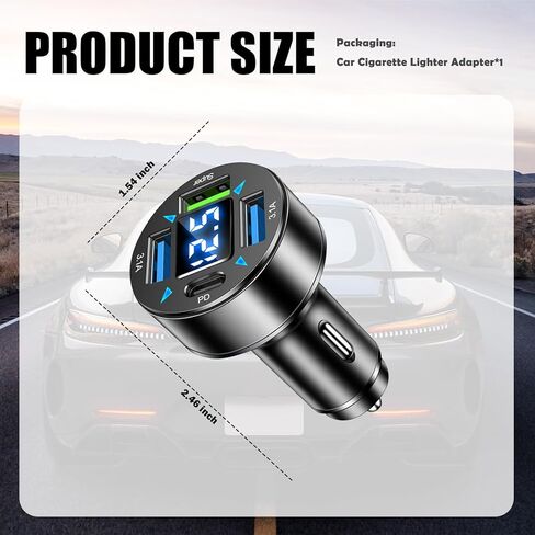 محول شاحن سيارة بـ 4 منافذ، شاحن USB ولاعة سجائر السيارة 12 فولت/24 فولت، بما في ذلك منافذ شحن 3.1 أمبير/PD/فائقة السرعة، وشواحن هواتف السيارات المحسنة مع شاشة عرض جهد LED وإضاءة ناعمة in Kuwait