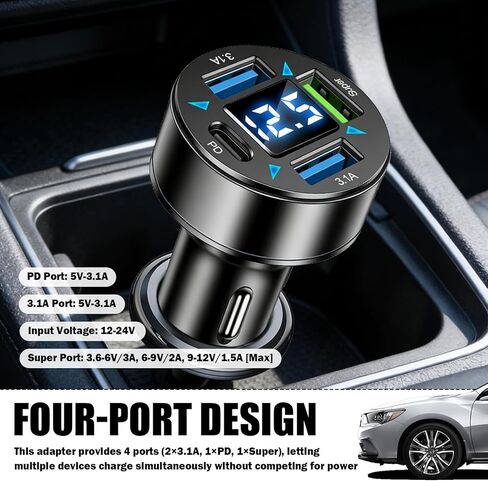 محول شاحن سيارة بـ 4 منافذ، شاحن USB ولاعة سجائر السيارة 12 فولت/24 فولت، بما في ذلك منافذ شحن 3.1 أمبير/PD/فائقة السرعة، وشواحن هواتف السيارات المحسنة مع شاشة عرض جهد LED وإضاءة ناعمة in Kuwait
