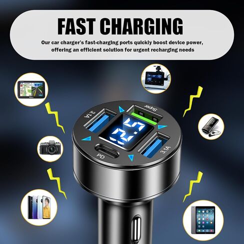 محول شاحن سيارة بـ 4 منافذ، شاحن USB ولاعة سجائر السيارة 12 فولت/24 فولت، بما في ذلك منافذ شحن 3.1 أمبير/PD/فائقة السرعة، وشواحن هواتف السيارات المحسنة مع شاشة عرض جهد LED وإضاءة ناعمة in Kuwait