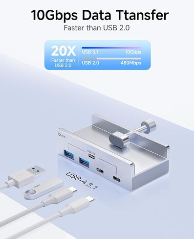 موزع USB 3.1، موزع USB بمشبك بسرعة 10 جيجابت في الثانية مع منفذي بيانات USB-A، ومنفذين USB-C مع منفذ إمداد طاقة إضافي (فضي) in Kuwait