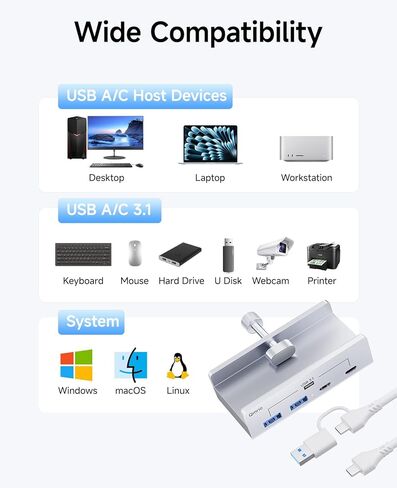 موزع USB 3.1، موزع USB بمشبك بسرعة 10 جيجابت في الثانية مع منفذي بيانات USB-A، ومنفذين USB-C مع منفذ إمداد طاقة إضافي (فضي) in Kuwait
