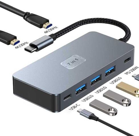 محول تلفزيون بمنفذين HDMI 7 في 1 USB C Hub Type-C PD شاحن متوافق مع Samsung Galaxy Z Fold7، محول جهاز عرض الصوت والفيديو in Kuwait