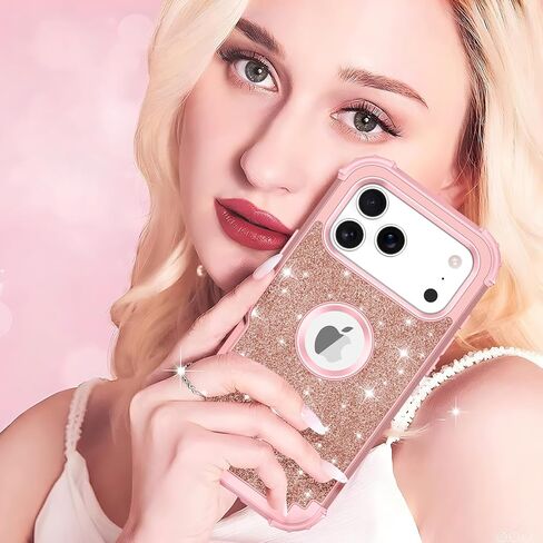 حافظة LONTECT لهاتف iPhone 17 Pro Max لامعة لامعة بلينغ 3 في 1 مقاومة للصدمات وشديدة التحمل وشديدة التحمل لهاتف Apple iPhone 17 Pro Max 6.9 بوصة 2025، ذهبي وردي in Kuwait
