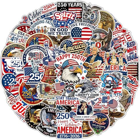 50pcs 250th Anniversary USA Stickers 1776–2026, USA Patriotic 4th of July Stickers, 250 Years Patriotic Stickers for Car, Laptop, Water Bottle, Phone, Independence Day Decorations in Kuwait