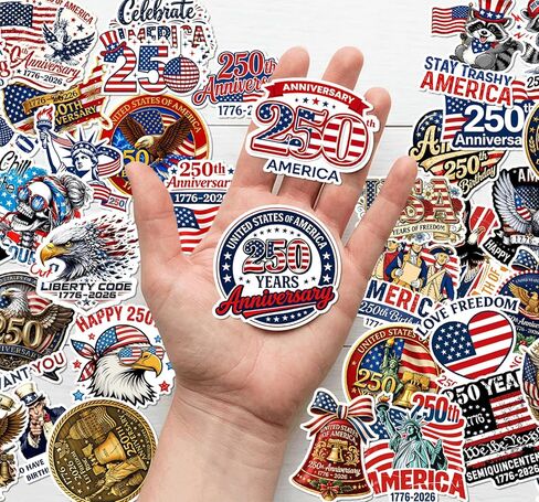 50pcs 250th Anniversary USA Stickers 1776–2026, USA Patriotic 4th of July Stickers, 250 Years Patriotic Stickers for Car, Laptop, Water Bottle, Phone, Independence Day Decorations in Kuwait
