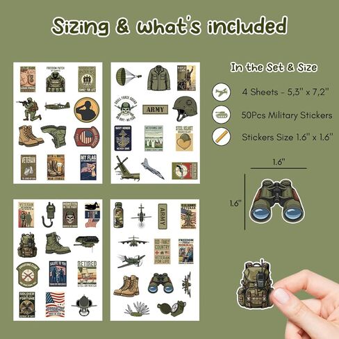 50Pcs Military Stickers - Waterproof Army Themed Vinyl Decals for Car, Laptop, Water Bottle, Luggage, Computer, Skateboard, Bike, Veteran Bumper Stickers, Patriotic Gift for Men, Soldiers, Veterans in Kuwait