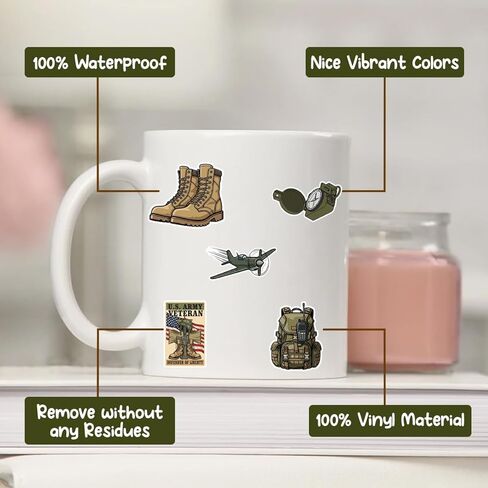 50Pcs Military Stickers - Waterproof Army Themed Vinyl Decals for Car, Laptop, Water Bottle, Luggage, Computer, Skateboard, Bike, Veteran Bumper Stickers, Patriotic Gift for Men, Soldiers, Veterans in Kuwait
