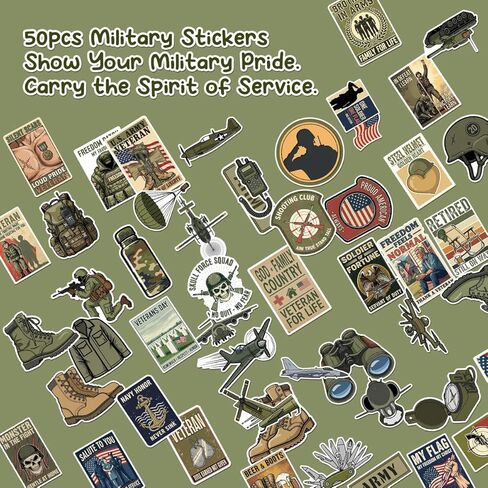 50Pcs Military Stickers - Waterproof Army Themed Vinyl Decals for Car, Laptop, Water Bottle, Luggage, Computer, Skateboard, Bike, Veteran Bumper Stickers, Patriotic Gift for Men, Soldiers, Veterans in Kuwait