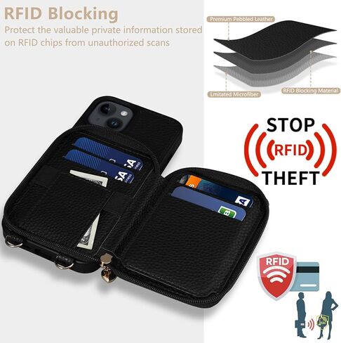 متوافق مع محفظة iPhone 15 مقاس 6.1 بوصة، وسحاب حول الجسم مع فتحات بطاقات RFID ومسند وحبل وحزام يدوي وغطاء جلدي قابل للطي لهاتف iPhone 15 2023، أسود in Kuwait