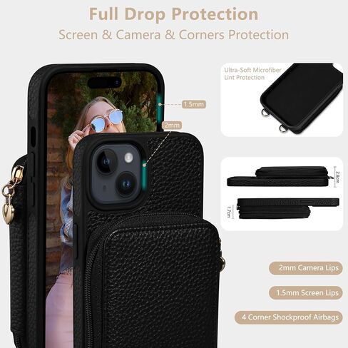 متوافق مع محفظة iPhone 15 مقاس 6.1 بوصة، وسحاب حول الجسم مع فتحات بطاقات RFID ومسند وحبل وحزام يدوي وغطاء جلدي قابل للطي لهاتف iPhone 15 2023، أسود in Kuwait