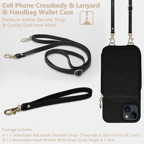 متوافق مع محفظة iPhone 15 مقاس 6.1 بوصة، وسحاب حول الجسم مع فتحات بطاقات RFID ومسند وحبل وحزام يدوي وغطاء جلدي قابل للطي لهاتف iPhone 15 2023، أسود in Kuwait