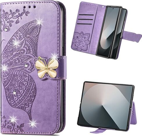 حافظة محفظة LEMAXELERS لهاتف Galaxy Z Fold 7، حافظة نسائية من جلد البولي يوريثان منقوشة على شكل فراشة وغطاء قابل للطي وفتحات حامل لبطاقات الائتمان لهاتف Samsung Galaxy Z Fold7 5G Diamond Butterfly Light Purple SD in Kuwait