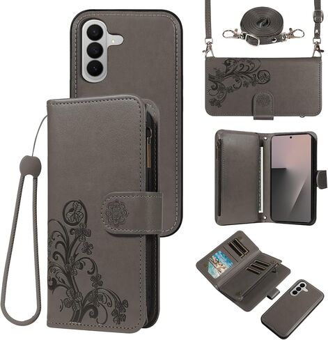 Asuwish Phone Case for Samsung Galaxy Z Fold 7 Zipper Wallet Magnetic Detachable Cell Cover with Crossbody Lanyard Strap Flower Flip Card Holder Slot Protection ID ZFold Z7 G Fold7 7Z Women Girls Grey in Kuwait
