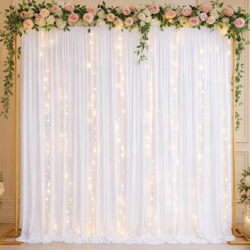 Fumete 4 Pcs 8 x 8 ft Gold Backdrop Stand with Drape and LED Kit, 5 x 10ft Drape 2 Panels with Rod Pockets and String Lights Adjustable for Wedding Birthday Party Photography Background(White) in Kuwait