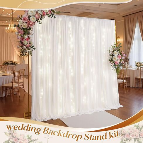 Fumete 4 Pcs 8 x 8 ft Gold Backdrop Stand with Drape and LED Kit, 5 x 10ft Drape 2 Panels with Rod Pockets and String Lights Adjustable for Wedding Birthday Party Photography Background(White) in Kuwait