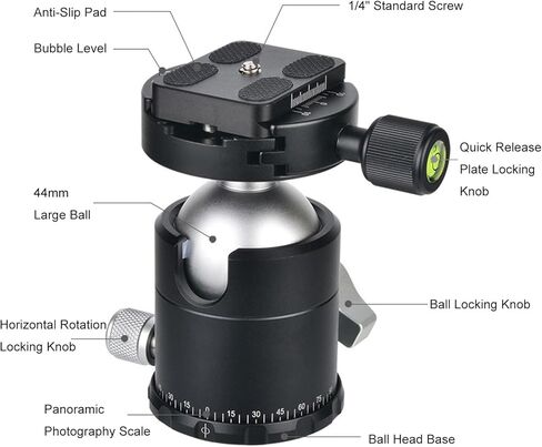 Yoidesu Low Profile Camera Tripod Ball Head 44mm Panorama Ball Head with 1/4 Inch Quick Release Plate, Camera Tripod 12kg Load Aluminum Alloy for Monopod DSLR in Kuwait